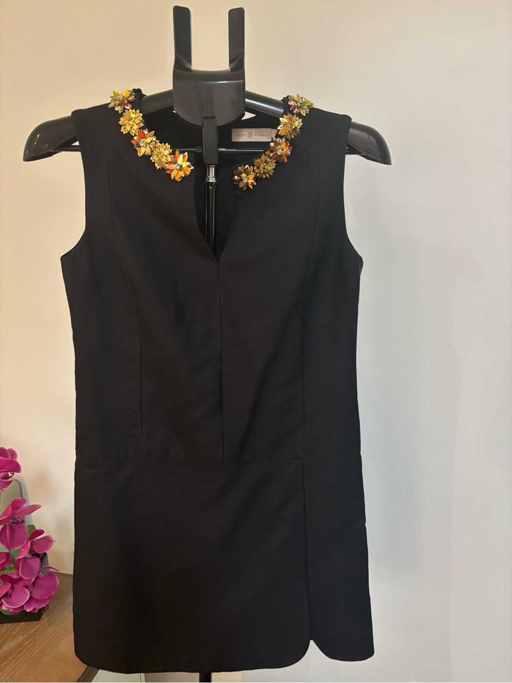 Tory Burch Black Sleeveless Mini Dress with Gold and Orange Floral Collar